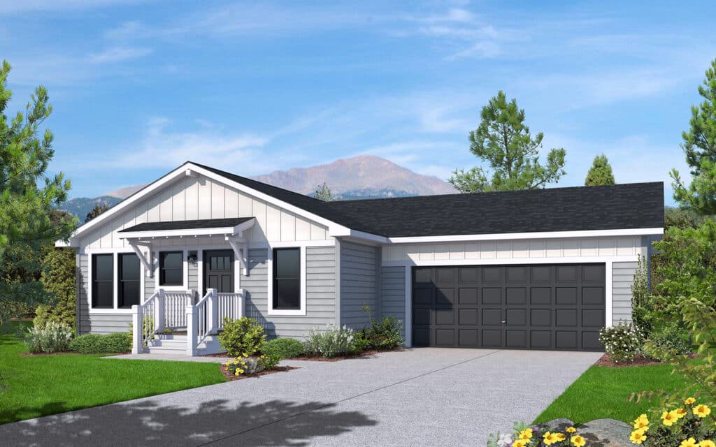 Illustration of the Fruition Orion model home with a two-car garage.