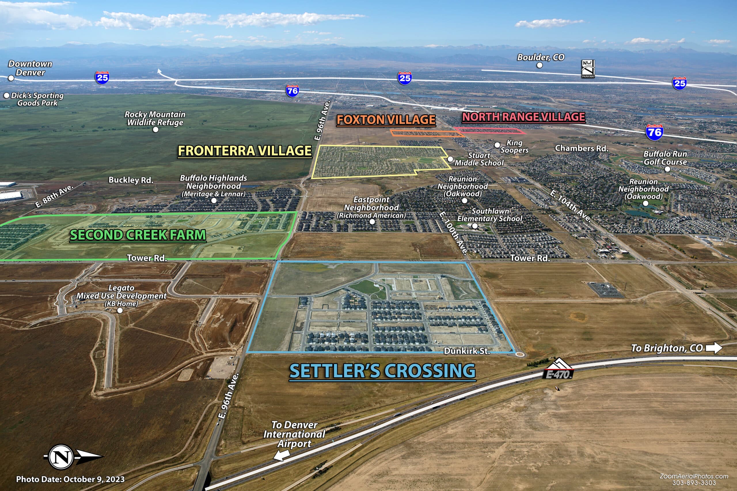 Aerial view of Commerce City properties, showcasing land and development layout.