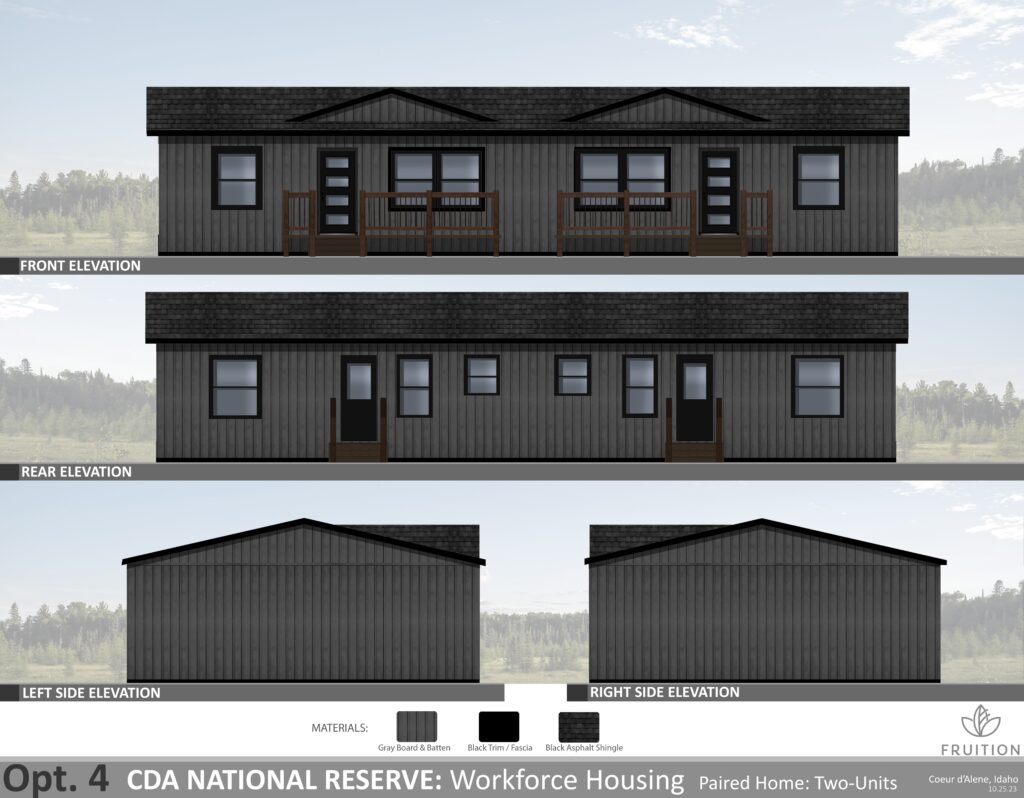 Architectural elevations of a duplex building from the CDA Nat Res Workforce project.