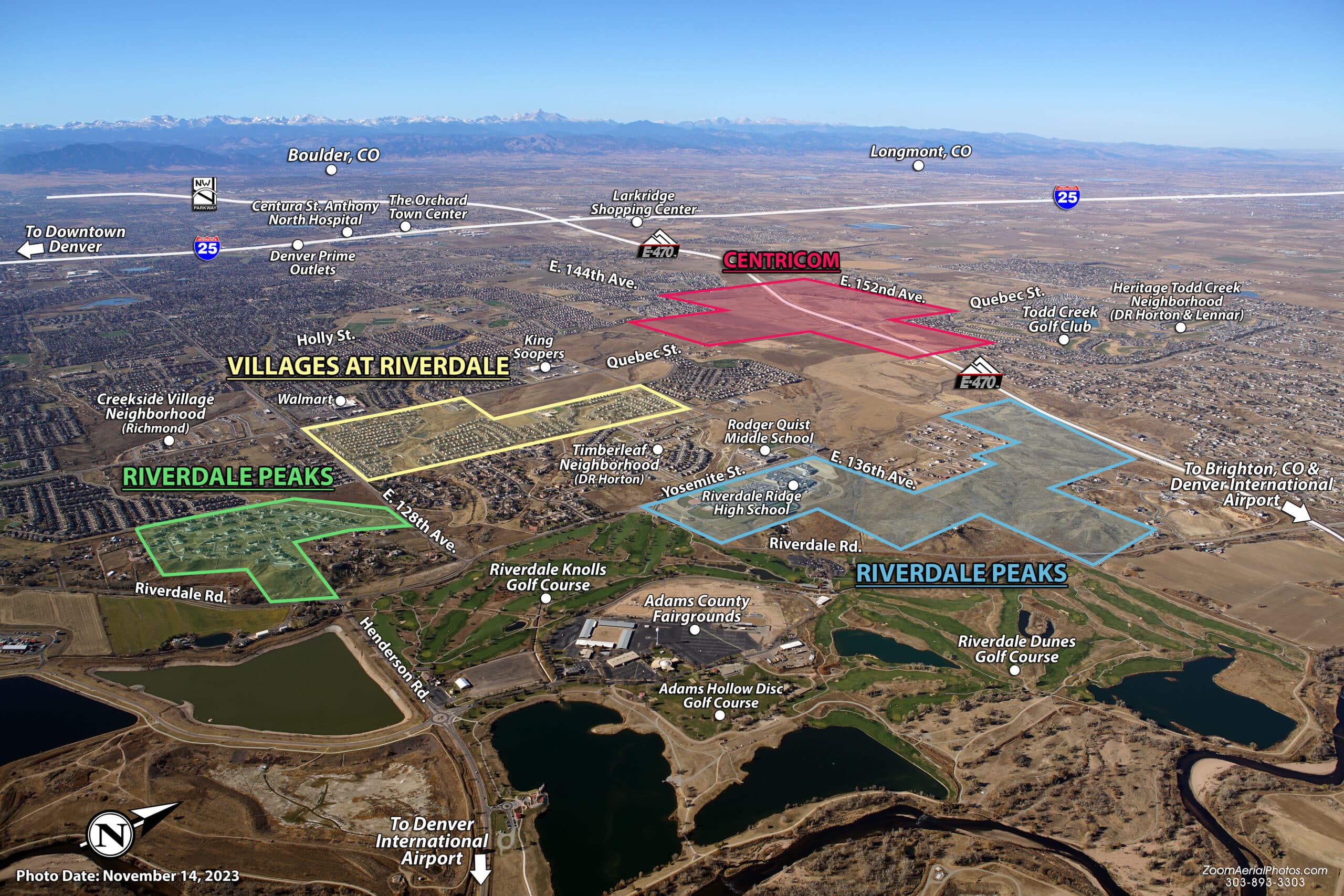 Aerial view of Thornton properties, highlighting development areas and surrounding landscape.