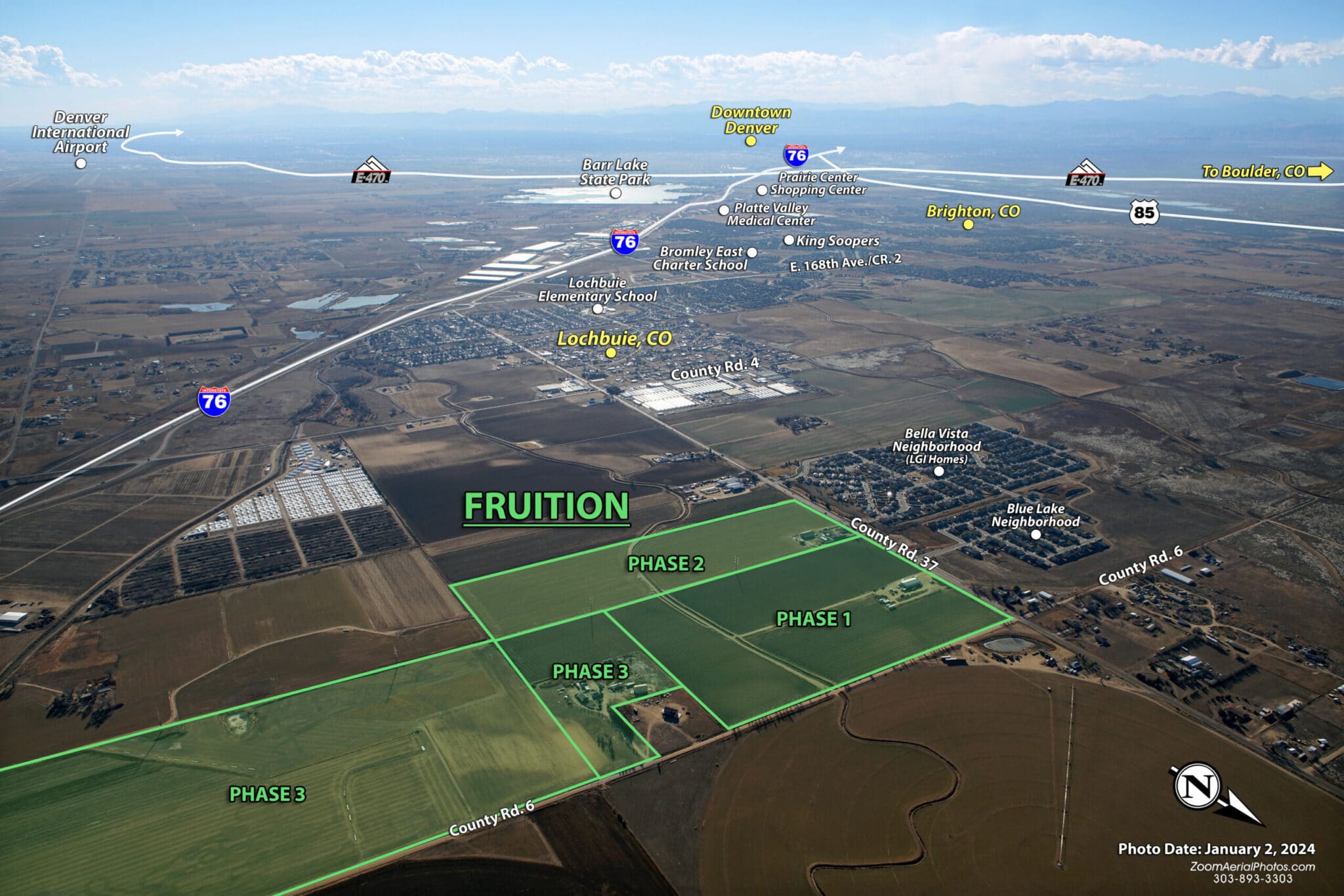 Aerial view of Fruition's Lochbuie, CO development, showcasing quality workforce housing and community planning.