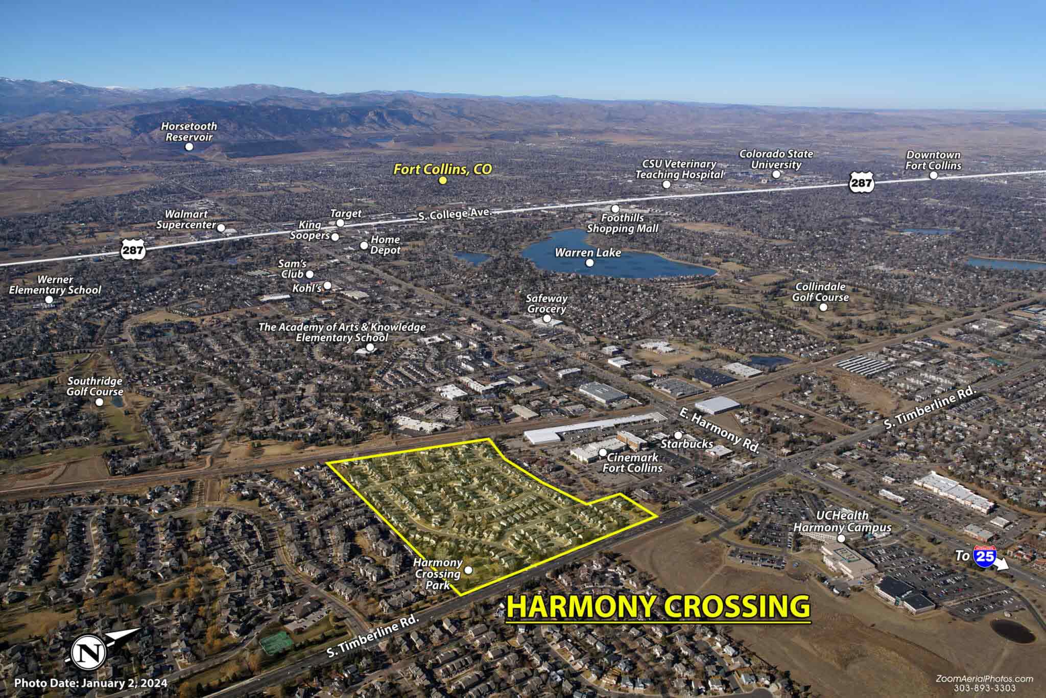 Aerial view of Harmony Crossing in Fort Collins, Colorado, showing land development and infrastructure.