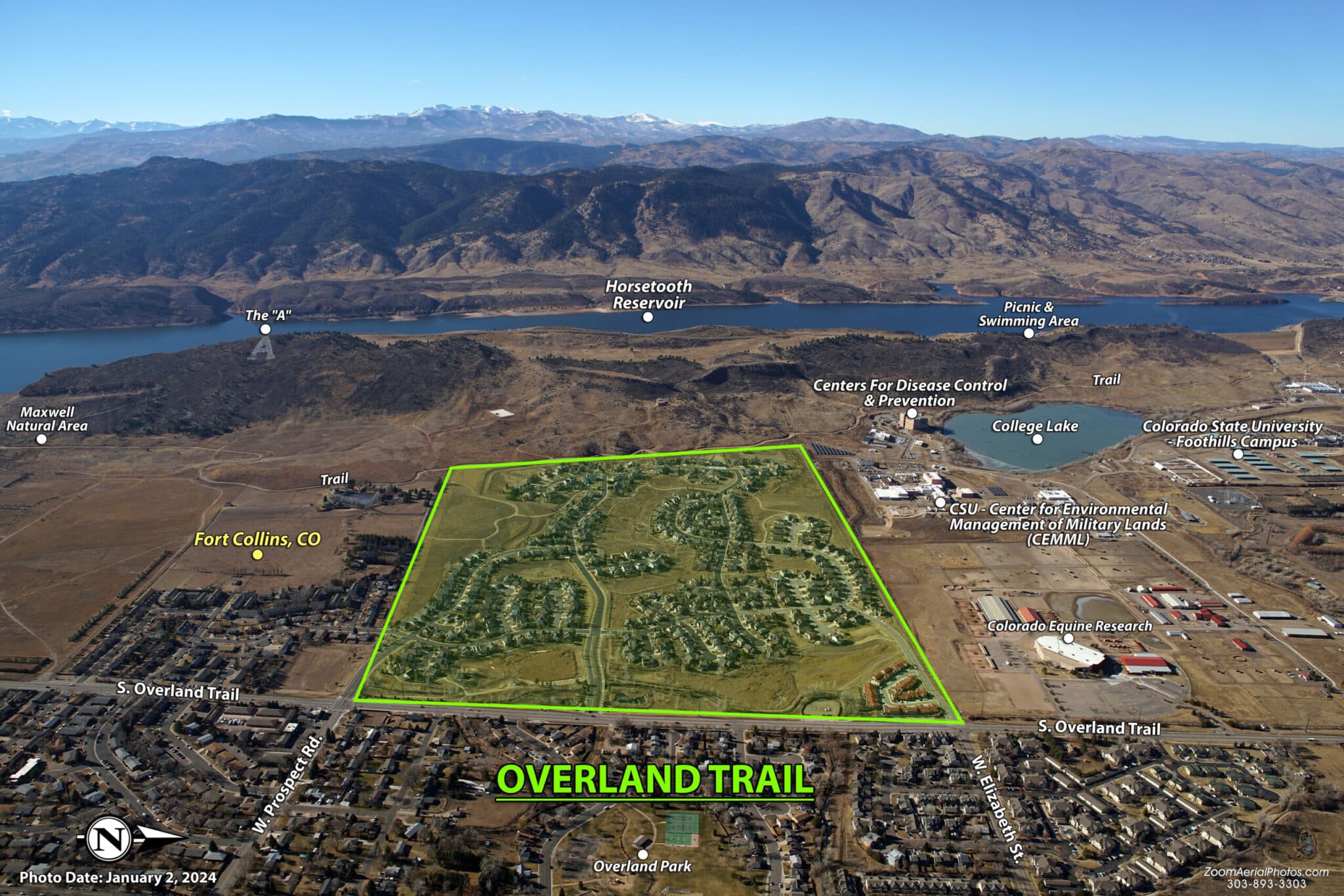 Aerial view of Overland Trail in Fort Collins, Colorado, showcasing the site's development potential.