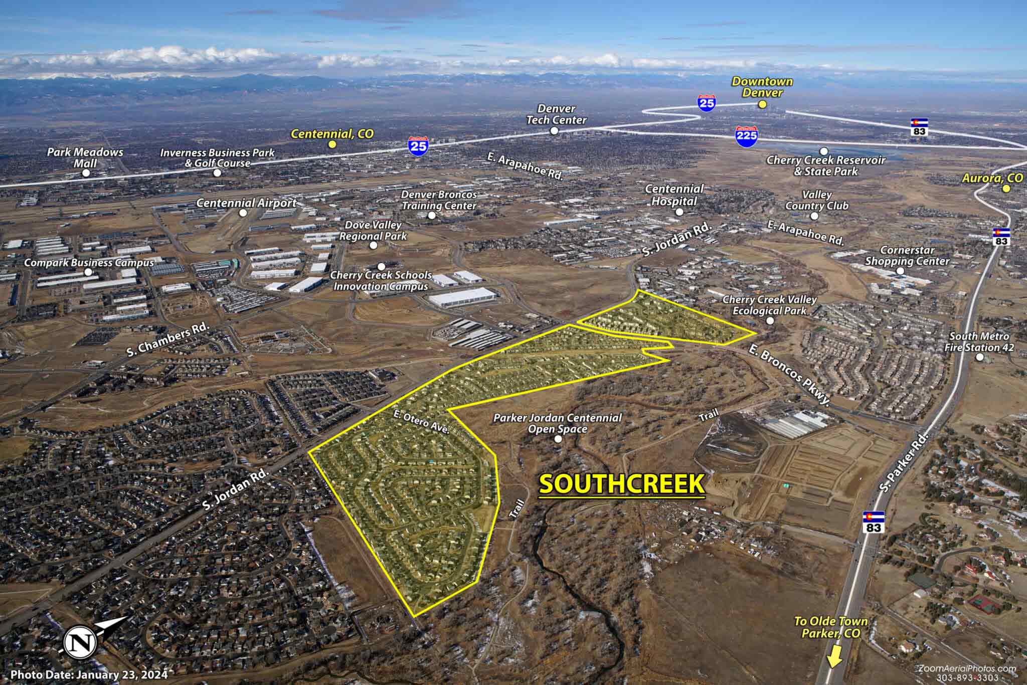 Aerial view of Southcreek in Parker, CO, featuring affordable housing and urban planning.