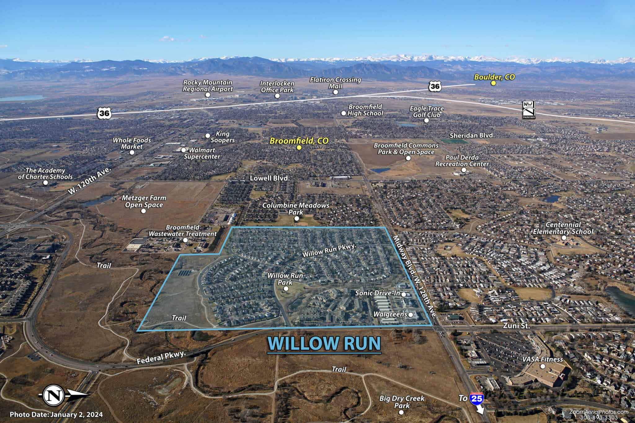 Aerial view of Willon Run in Broomfield, CO, demonstrating community-focused land development.