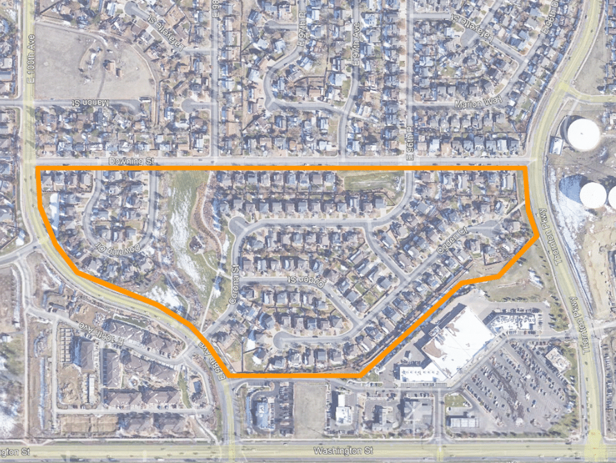 Map of Downing Park in Thornton, CO, focusing on integrated housing solutions.