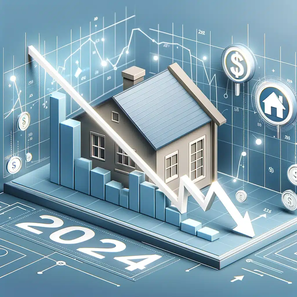 Graph depicting US mortgage interest rates trends for 2024, with a house, dollar symbols, and a downward arrow indicating a potential decrease in rates. The background includes financial data and charts.