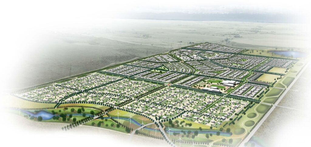 Aerial rendering of Fruition Communities’ Keenesburg master-planned development in Colorado, showcasing residential layout, green space, and infrastructure designed for affordable, sustainable living.