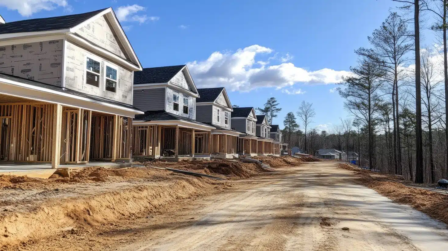 Row of partially built prefab homes in a new housing development for municipal workers.