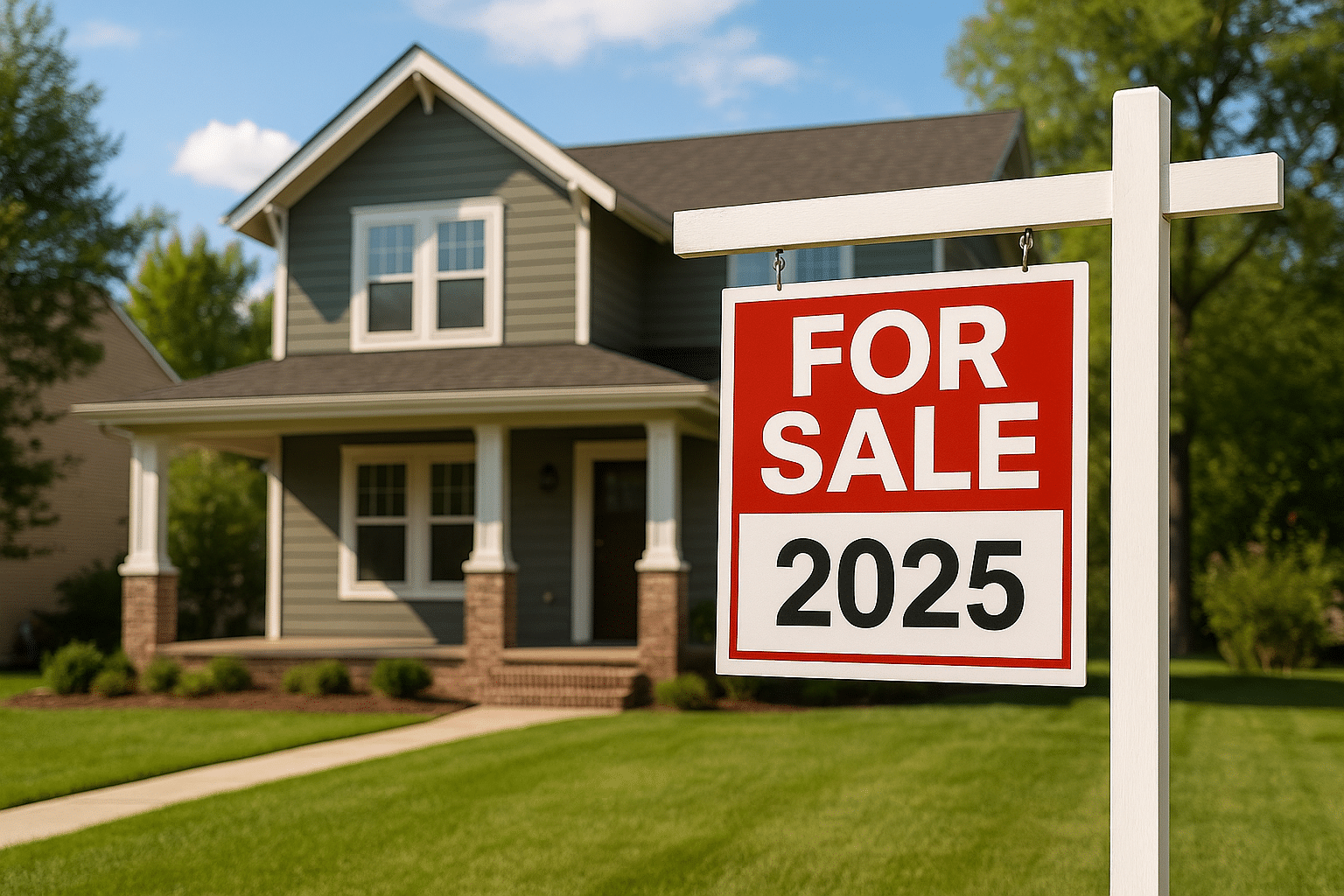 Modern factory-built single-story home with a ‘For Sale’ sign, representing affordable homeownership opportunities in 2025.