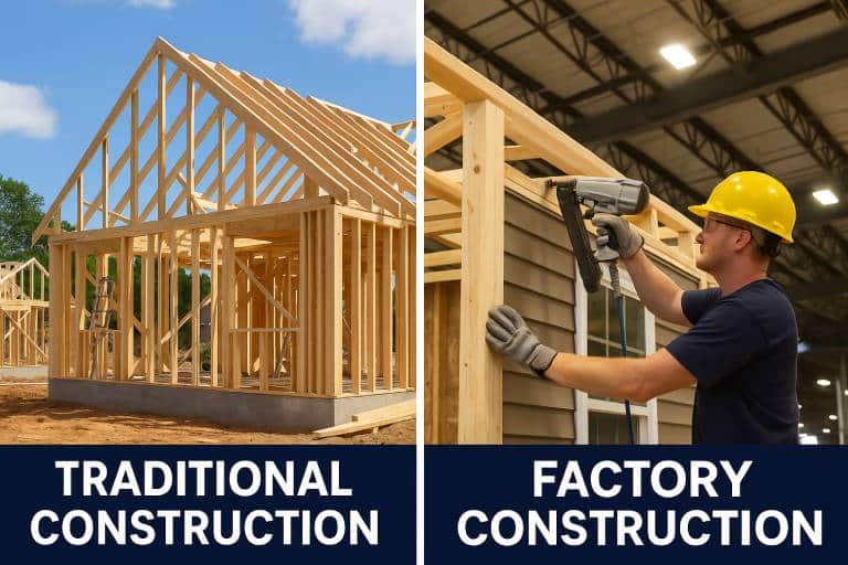Comparison of traditional outdoor home construction vs. indoor factory-built housing process