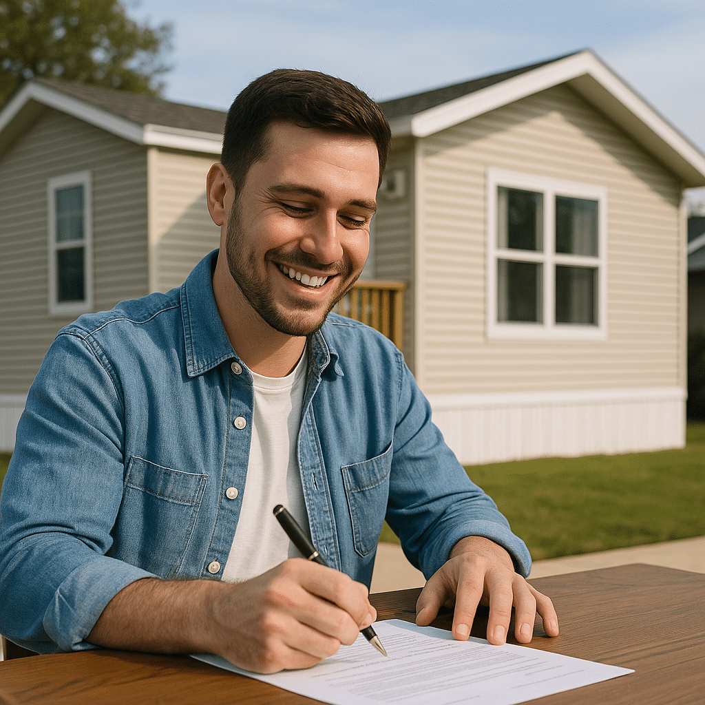 Smiling homebuyer signing paperwork in front of a modular home, symbolizing confidence in the 2025 housing market.