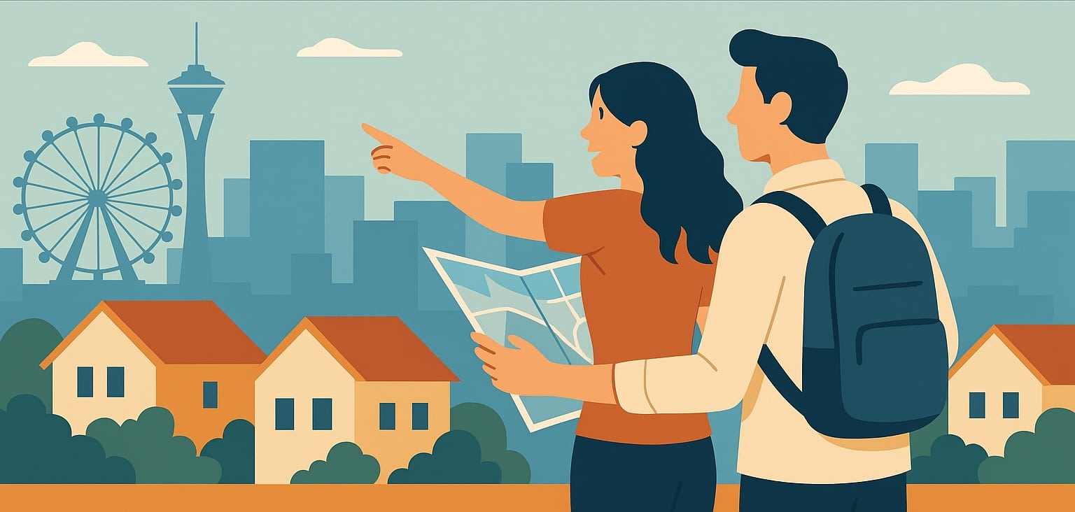 Couple looking at homes in Las Vegas neighborhood with skyline in background, representing first-time homebuyers exploring real estate options