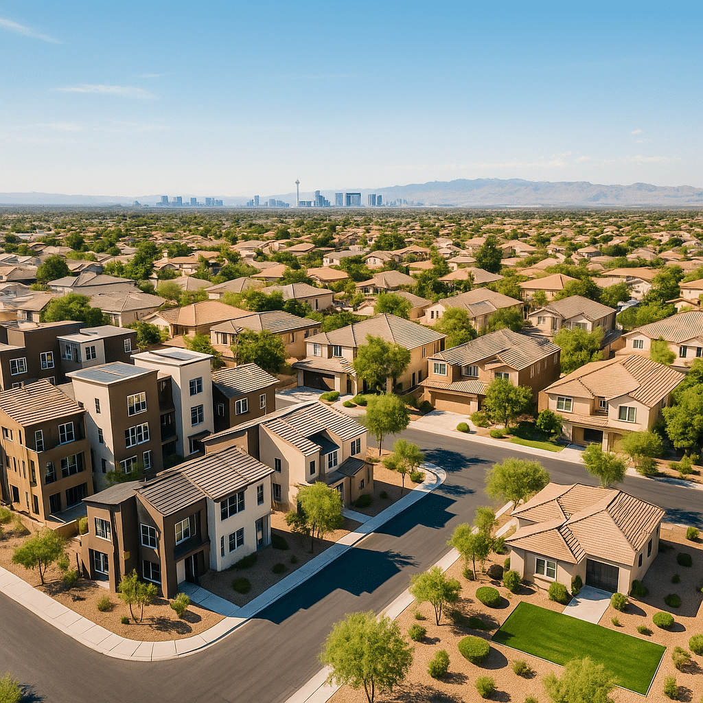 AI-generated aerial view of Southwest Las Vegas neighborhoods with the Strip skyline in the background, highlighting real estate opportunities and growth in 2025