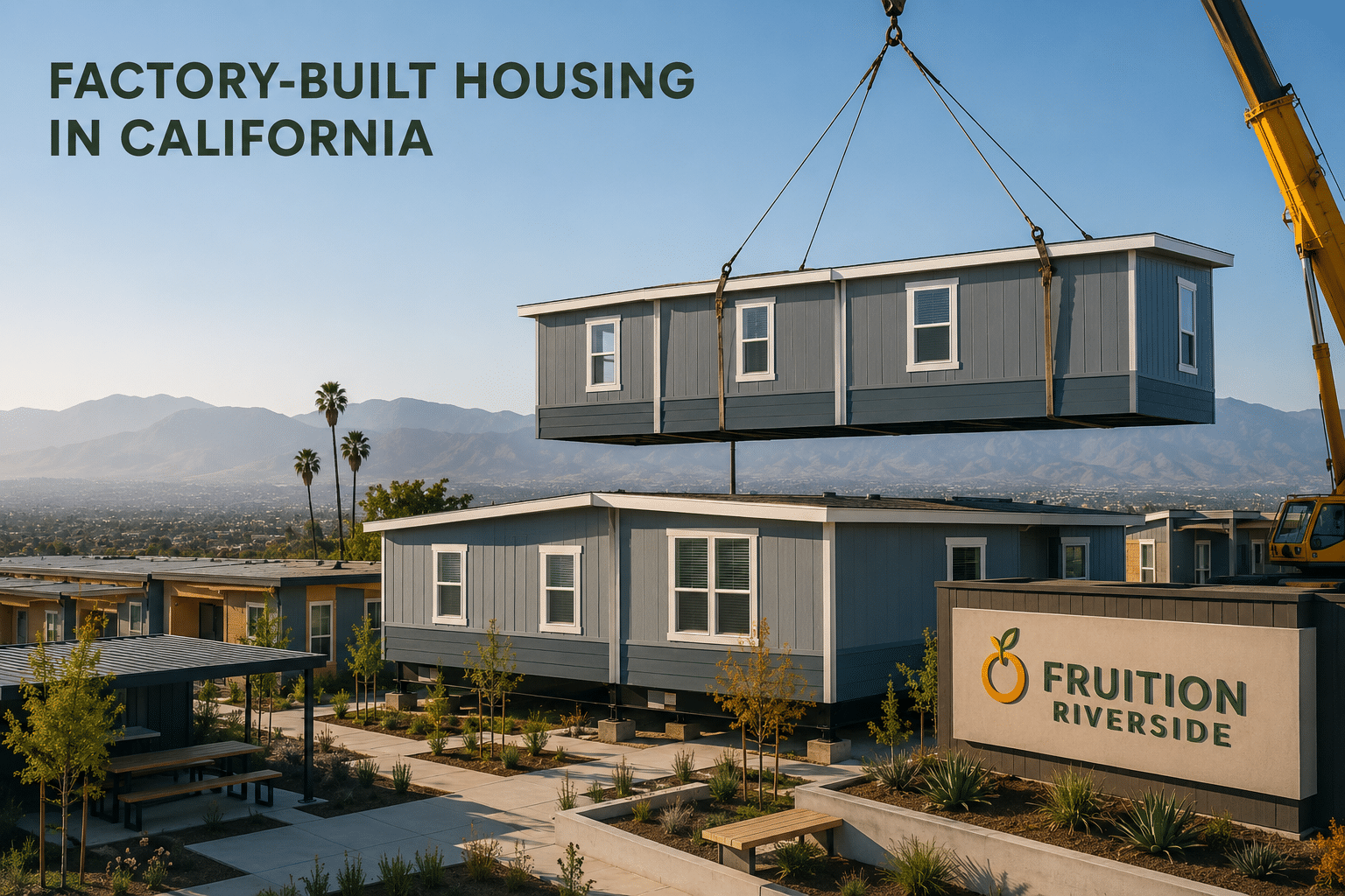 AI generated image of a crane placing a manufactured home at a rendering of the Fruition Riverside community.
